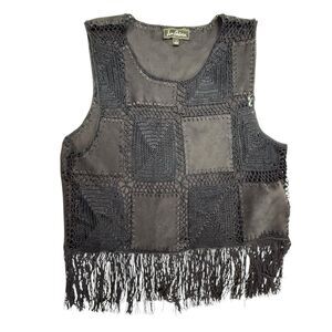 Sam Edelman Granny Square Faux Suede Vest Fringe Retro 70s Boho Women Large